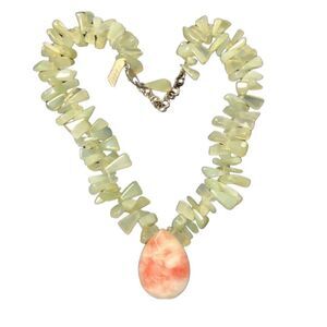 Sterling Silver Natural Stone Green Serpentine & Rhodochrosite Teardrop Necklace